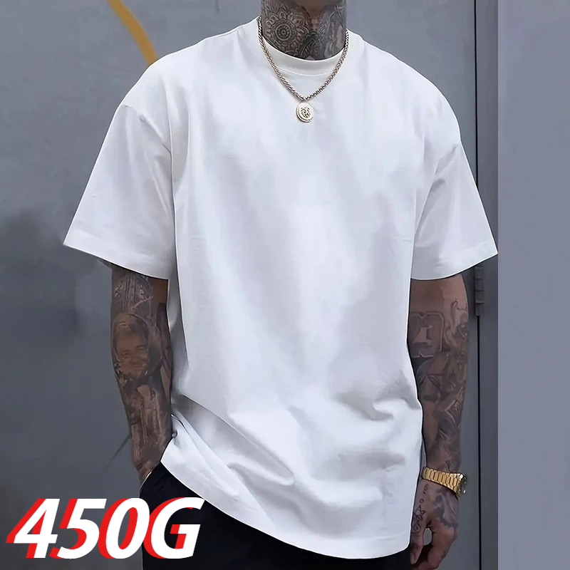 Undershirt Crew Neck - 黒色450gヘビーウェイトコットン二重糸半袖Tシャツ - リラックスフィットクルーネック、無地の男女兼用アンダーシャツ