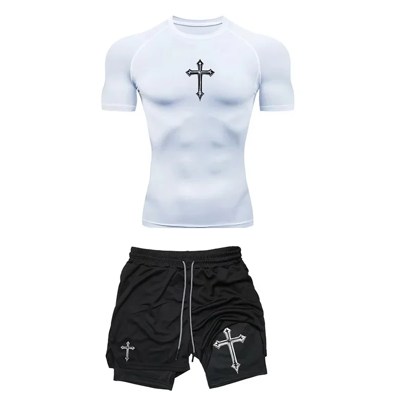 T Shirt Tight Fit - トレンド感のある通気性の良いタイトフィットスポーツウェアメンズトレーニングツーピースセットタイトフィットTシャツショーツジムエクササイズセット