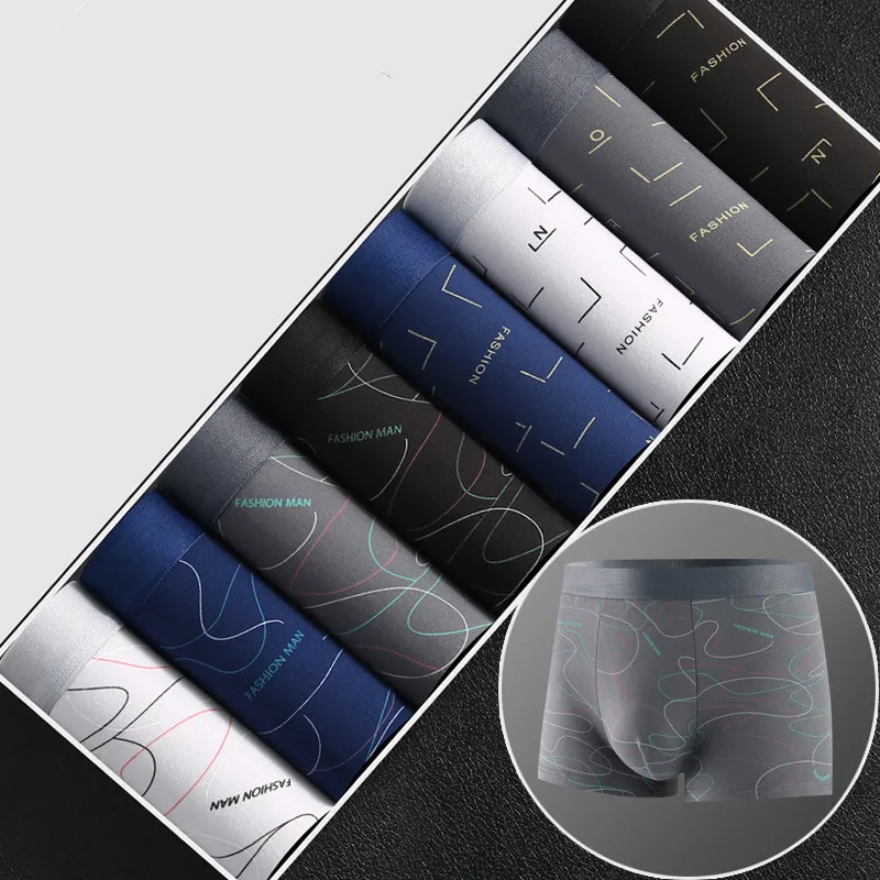 Multi Pack Underwear - 8 ピース/ロット男性のセクシーな下着ボクサーパンツミルクシルクソフトで快適な生地ファッションプリント通気性抗菌メンズショーツ