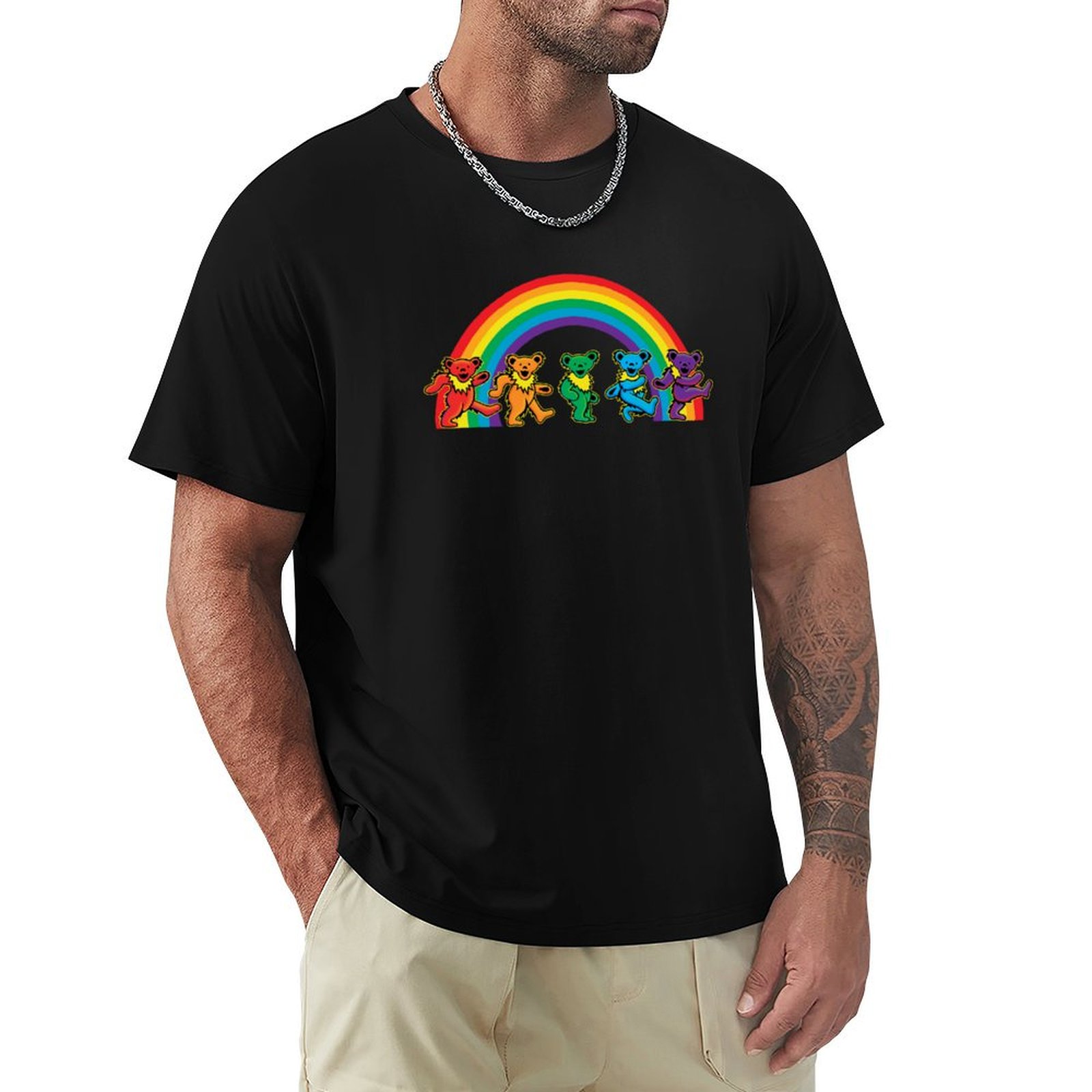 Undershirt Crew Neck - 虹の下を歩くクマ Tシャツ 快適なベーシッククルーネックTシャツ
